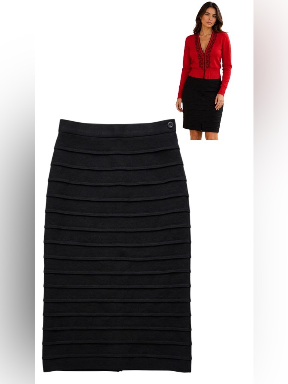 Vintage Neo Tiered Bandage Black Midi Pencil Wool Skirt Minimalist Office Siren